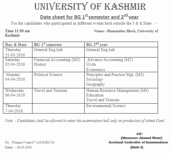 Date Sheet for Examination of BG 1st Semester & 2nd Year