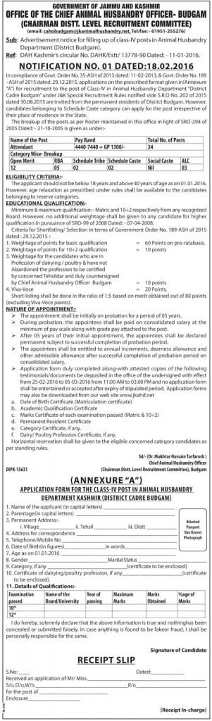 (Annexure “A”) for recruitment to the post of Class-IV in Animal Husbandry Department “District Cadre Budgam”