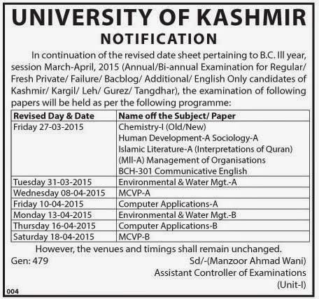 Revised Datesheet for BG 3rd Year