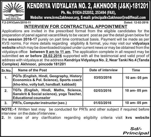 Kendriya Vidyalaya, Akhnoor requires PGTs, TGTs & PRTs