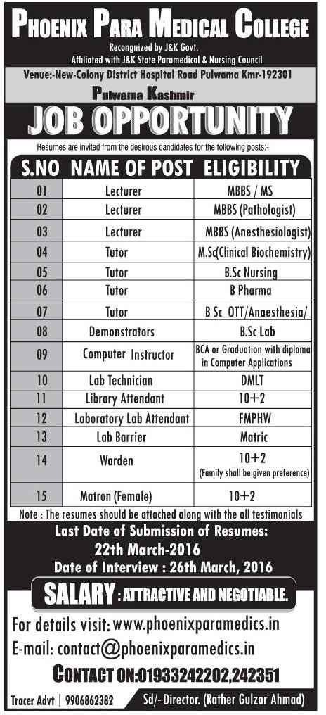 Phoenix Paramedical College has job vacancies Phoenix Paramedical College has job vacancies
