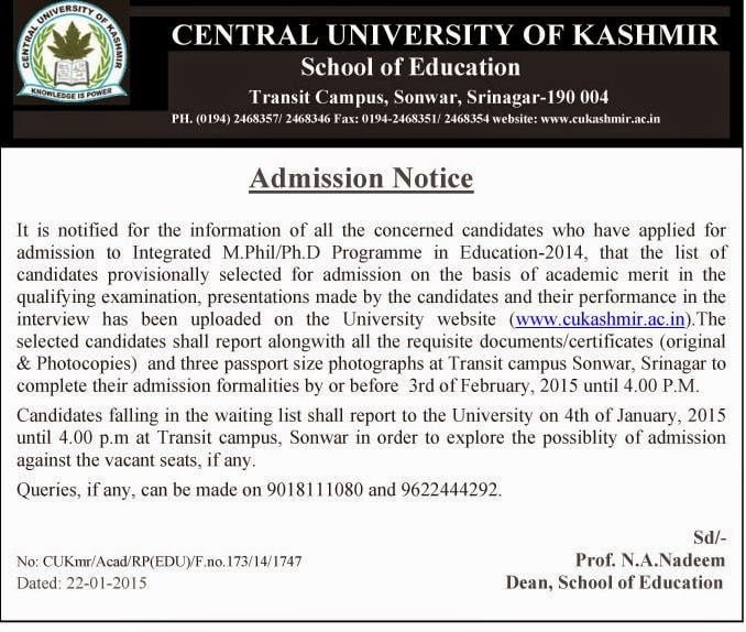 CUK Admission Notice regarding M.Phil/Ph.D in Education