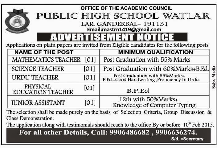 Public High School Watlar has job vacancies