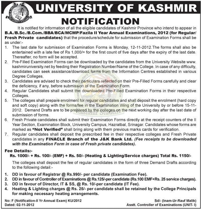 Notice regarding submission of examination forms of B.A/B.Sc/B.Com/BBA/BCA/MCMP/Fazila II Year Annual Examination, 2012 (For Regular/Fresh Private Candidates)