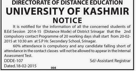 Notice regarding contact programme of B.Ed (Distance Mode) session 2014-2015