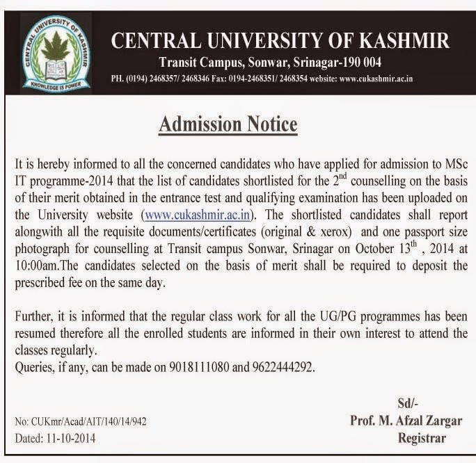 Admission Notification for M.Sc IT Programme 2014 at Central University of Kashmir