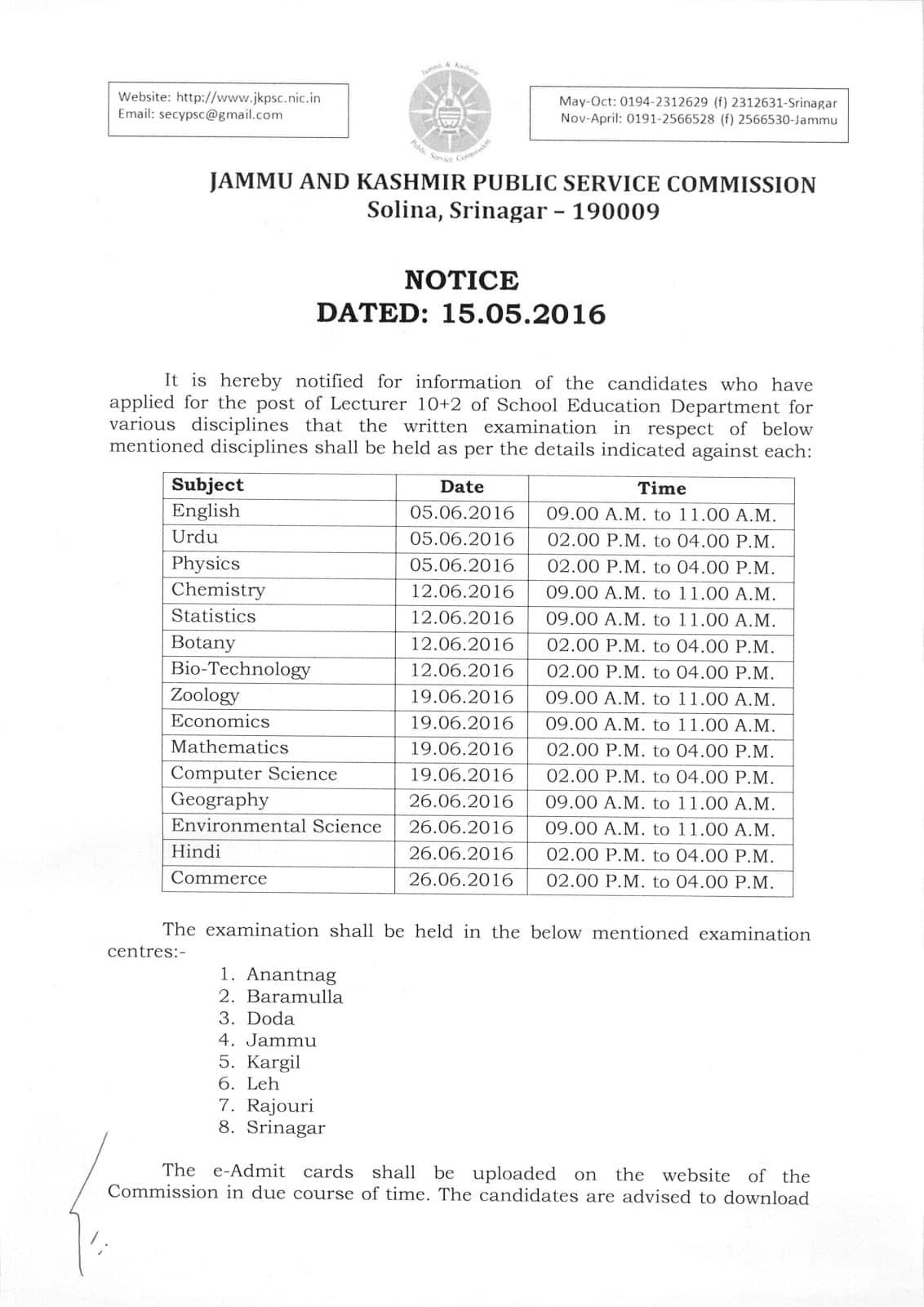 JKPSC Exam Schedule for Written Test for 10+2 Lecturer Recruitment