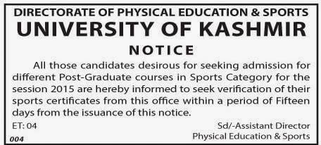 KU Admissions 2015: Notice for candidates seeking admission through Sports Category