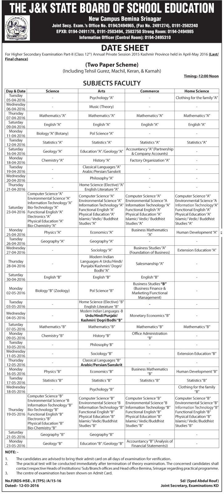 Date Sheet for 12th Class Annual Private Examination
