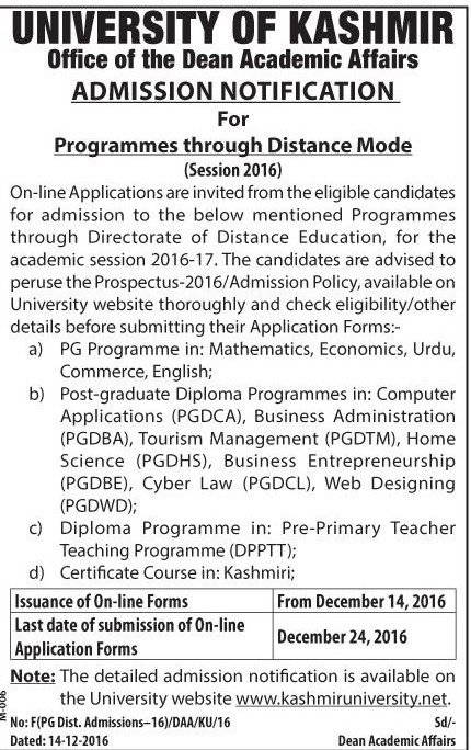 KU Admission Notification for various Programmes (Distance Mode) Session 2016
