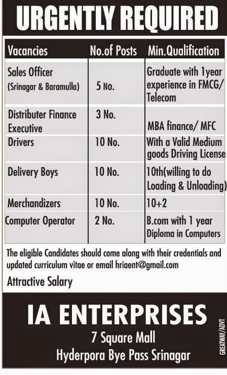 IA Enterprises requires Sales Officers among 40 vacancies