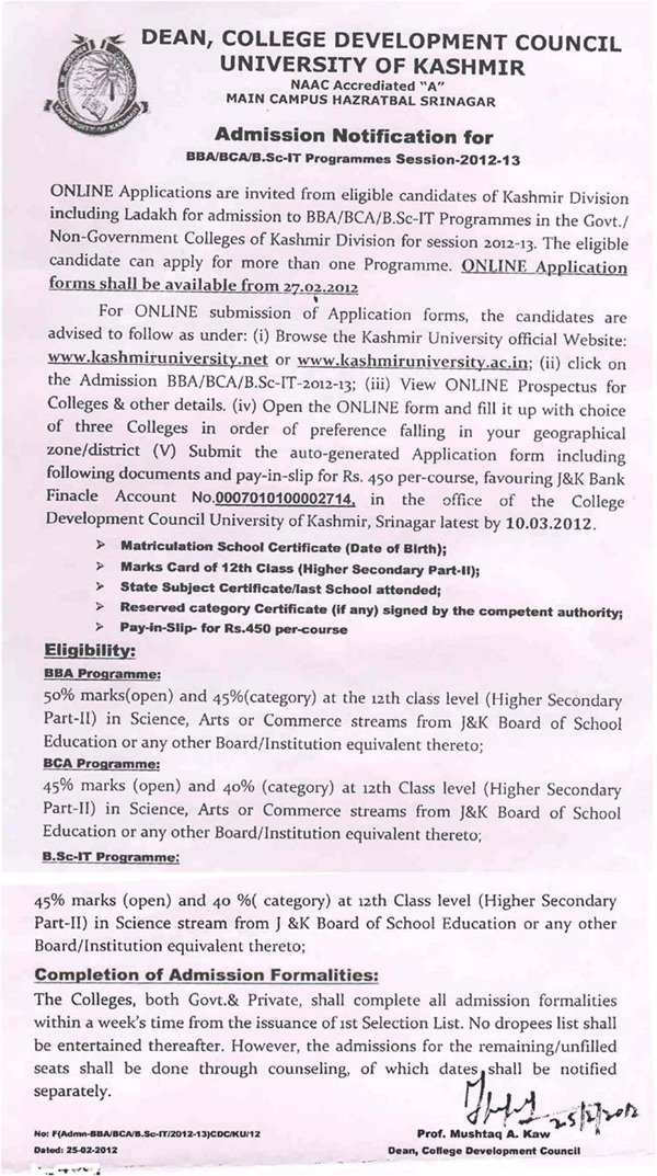 Admission Notification for BBA/BCA/B.Sc IT - Session 2012