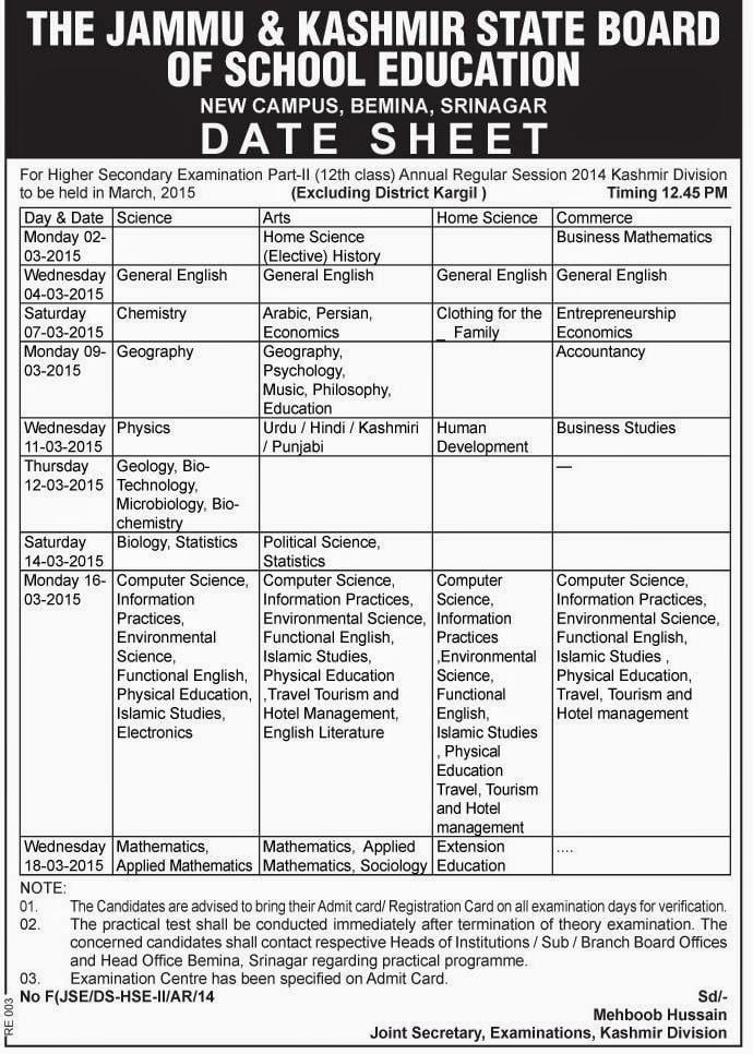 Datesheet for Higher Secondary Part-II (12th Class) Annual Regular Session 2014 – Kashmir Division