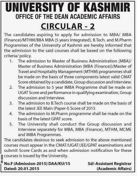 KU Circular II: Admission Process, 2015 (MBA / MBA – Finance / MTHM / BBA MBA / B.Tech & M.Pharm)