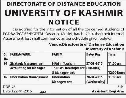Internal Assessment Datesheet for PGDBA/PGDBE/PGDTM (Distance Mode) Batch 2014