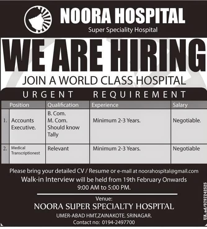 Noora Hospital has job vacancies