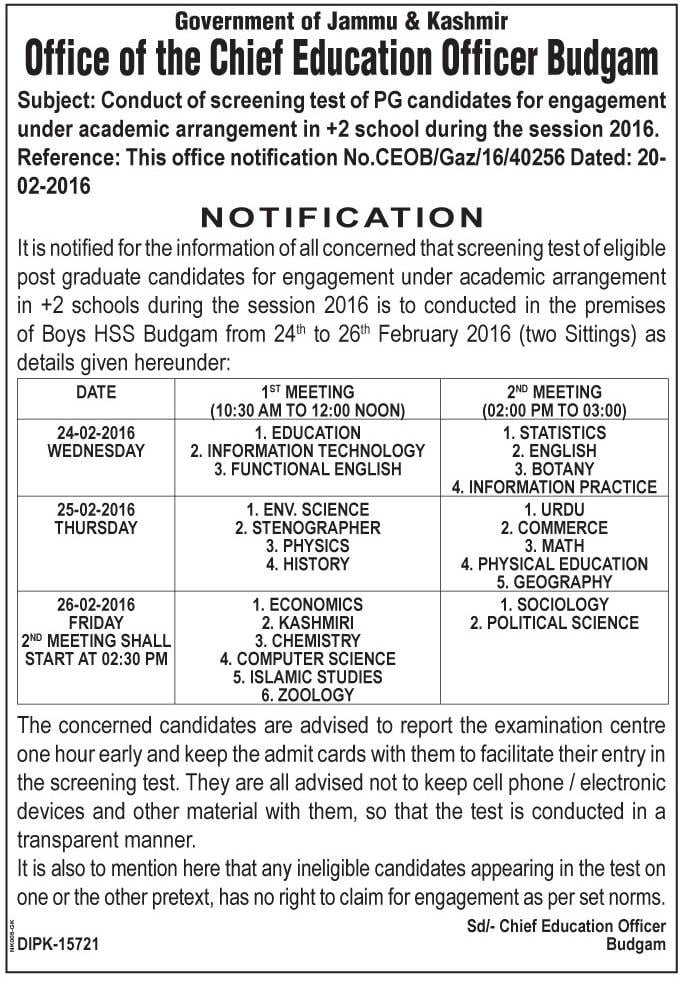 Center Notice for Screening Test of +2 Contractual Lecturers - Budgam
