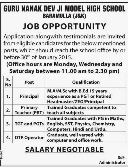 Job opportunity at Guru Nanak Dev Ji Model High School