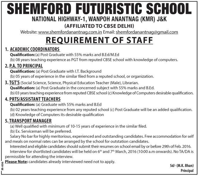 Shemford Futuristic School requires staff