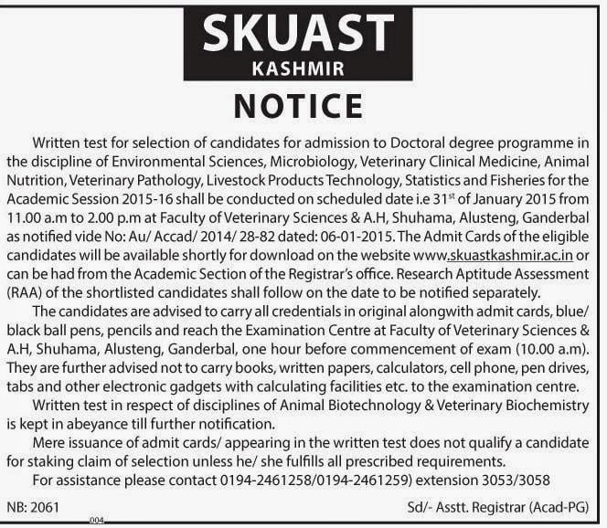 SKUAST notice regarding admission to Doctoral Degree Programmes