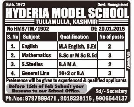 Hyderia Model School requires teaching faculty