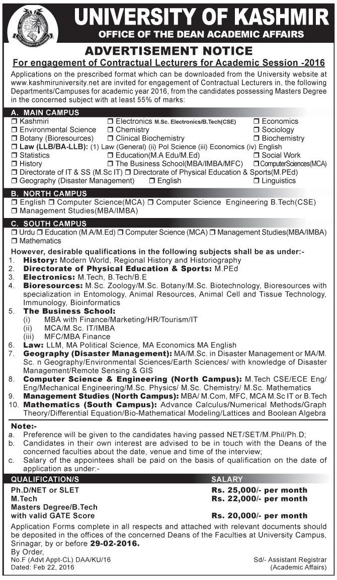 Kashmir University requires Contractual Lecturers