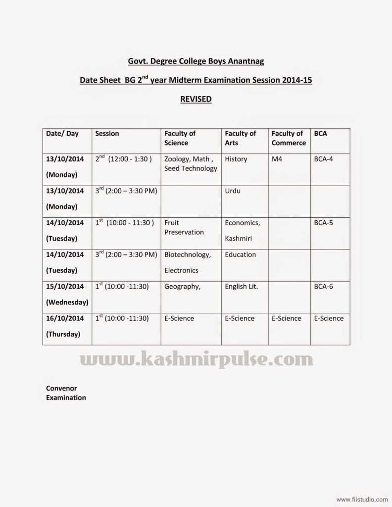 Revised Date Sheet for BG 2nd Year Mid-Term Examination