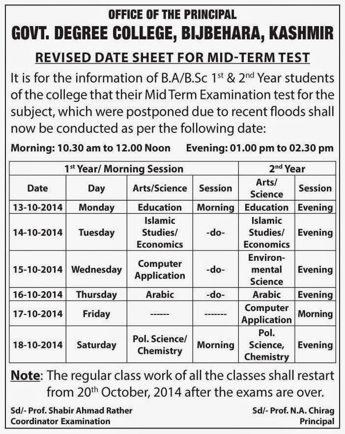 Revised Date Sheet for Mid-Term Test of B.A / B.Sc 1st & 2nd Year – GDC Bijbehara