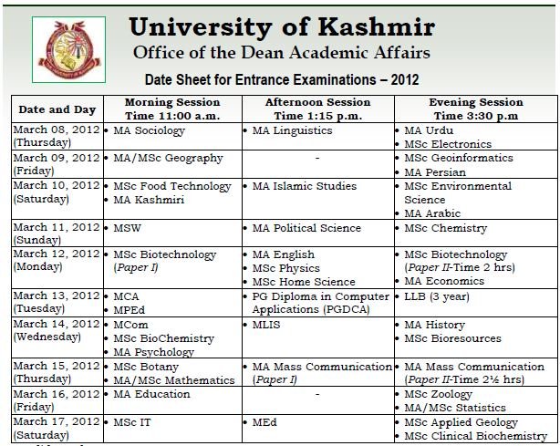 Date Sheet for Entrance Examinations - 2012
