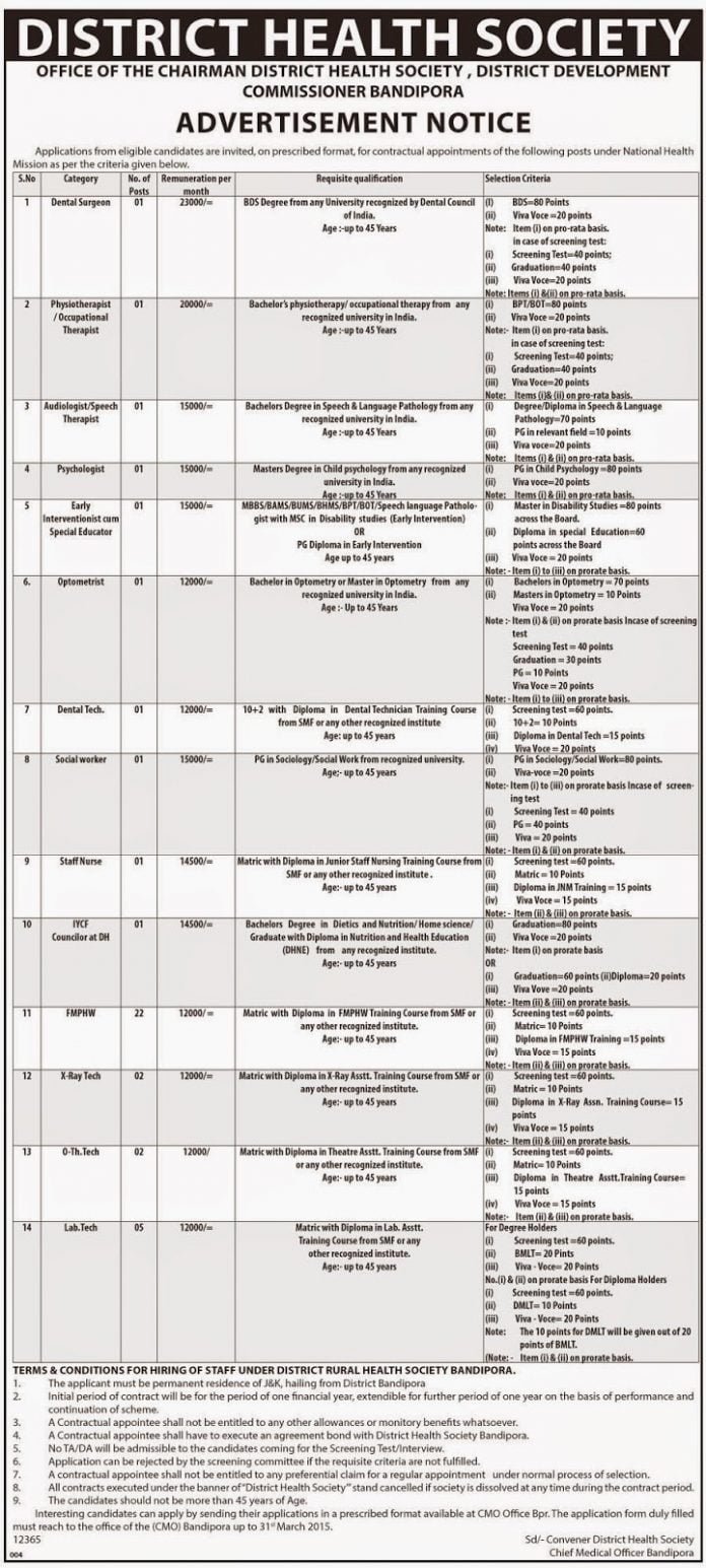 Applications invited for contractual posts under NRHM, Bandipora Applications invited for contractual posts under NRHM, Bandipora