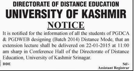 Notice regarding extention lecture for PGDCA & PGDWEB designing (Distance Mode) students