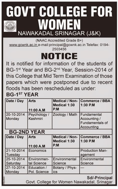 Revised Date Sheet for Mid-Term Exam of BG 1st Year & BG 2nd Year – Government College for Women, Nawakadal