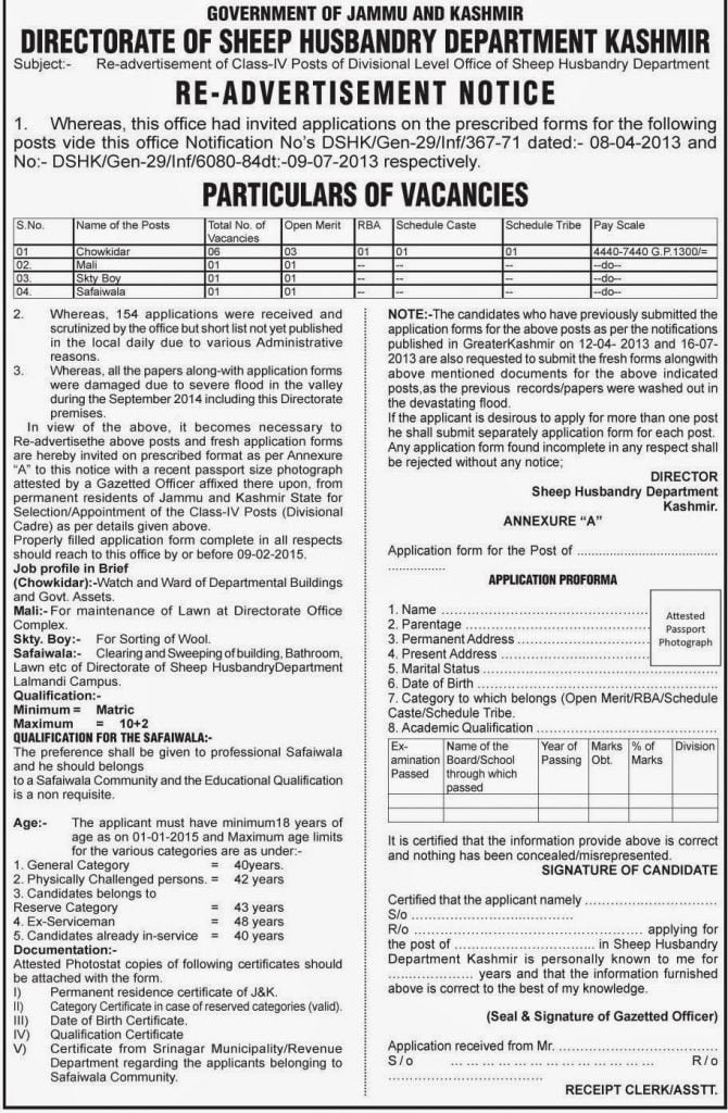 Sheep Husbandry Department invites applications for Class-IV Posts