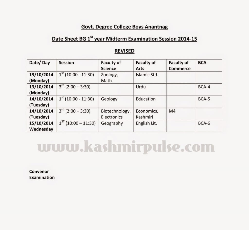 Revised Date Sheet for BG 1st Year Mid-Term Examination