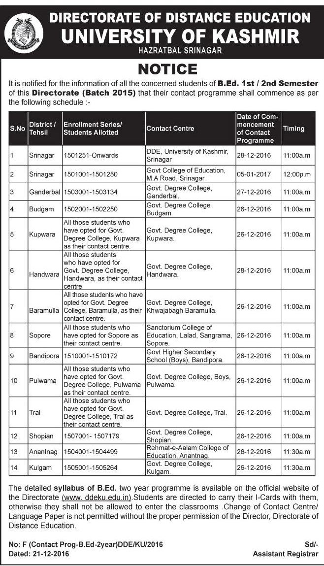 Schedule for Contact Classes of B.Ed 1st / 2nd Sem - Batch 2015 (Distance Mode)