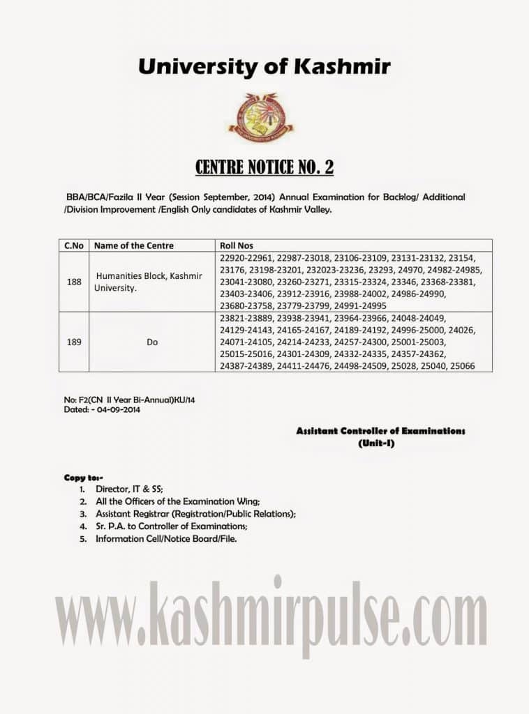 Centre Notice for BBA/BCA/Fazila II Year (Session: September, 2014) Annual Examination