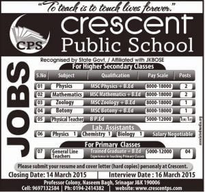Job vacancies at Crescent Public School, Naseem Bagh