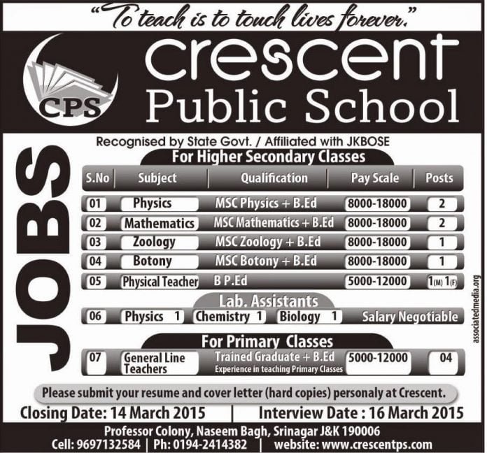 Job vacancies at Crescent Public School, Naseem Bagh Job vacancies at Crescent Public School, Naseem Bagh