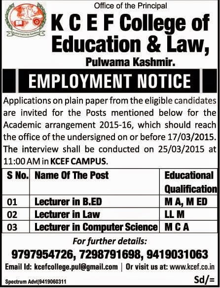 Job opportunity at KCEF College of Education & Law, Pulwama