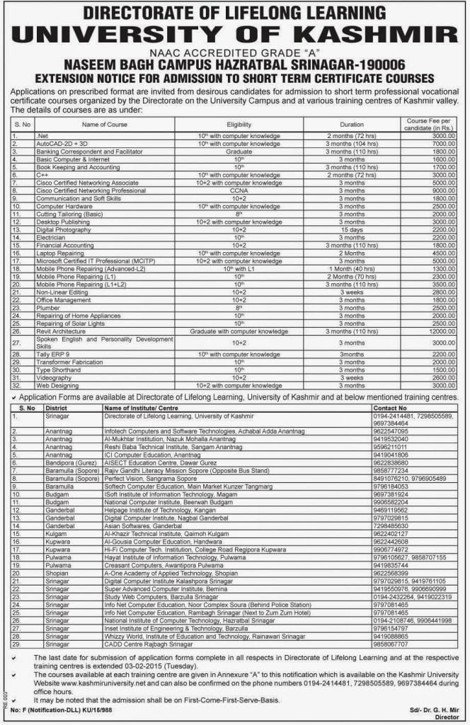 Extention Notice for admission to Short Term Certificate Courses in Directorate of Lifelong Learning, KU