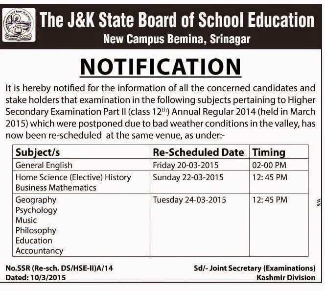 Revised Datesheet for Class 12th Annual Regular 2014