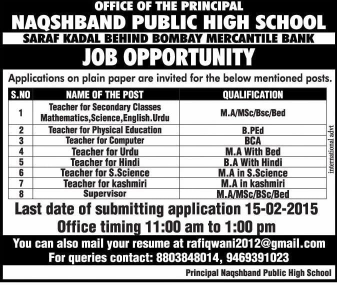 Job opportunity at Naqshband Public High School