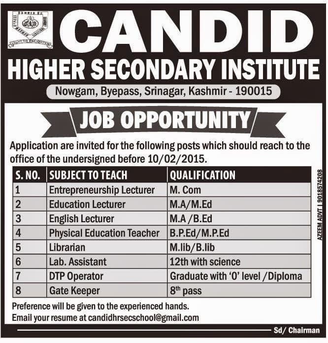 Job opportunity at Candid Higher Secondary Institute, Nowgam Byepass, Srinagar