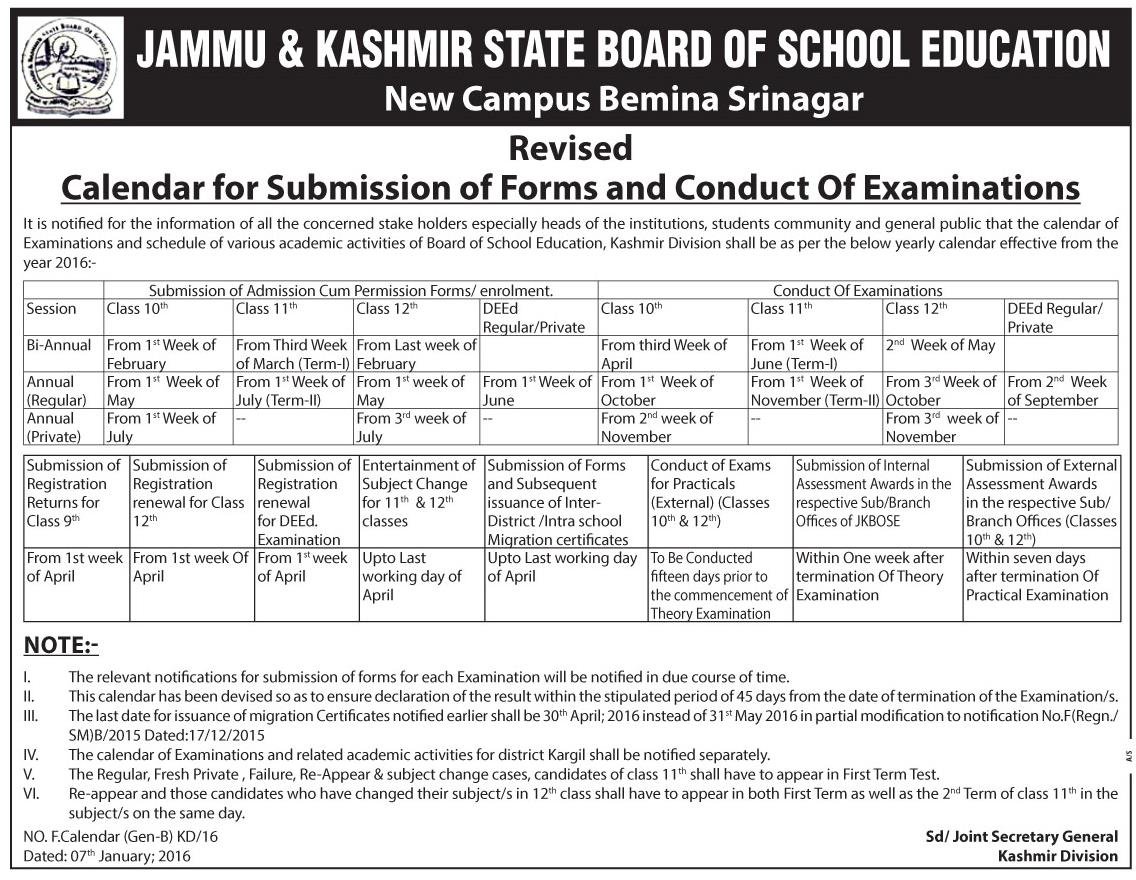 JKBOSE Calendar for Submission of Forms & Conduct of Exams