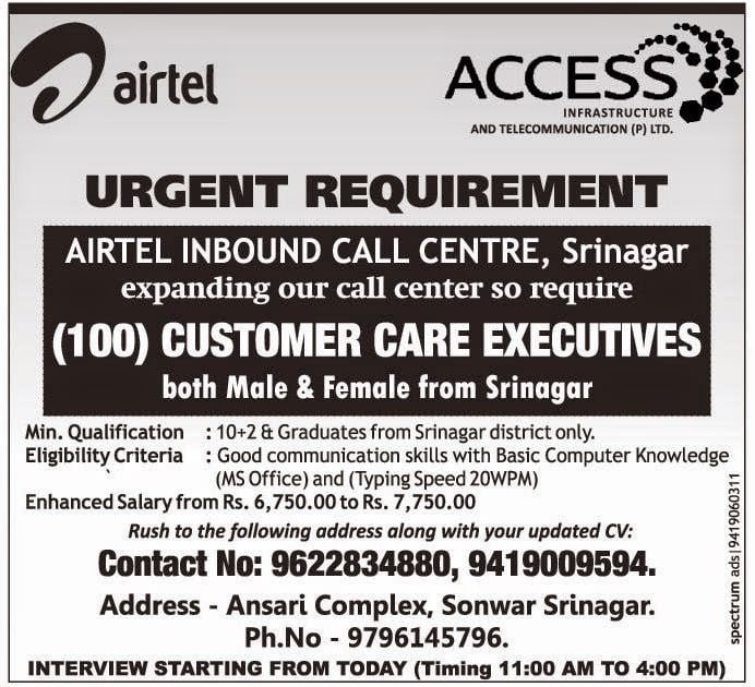 Airtel requires Customer Care Executives