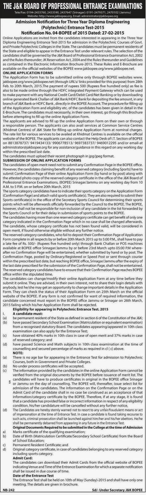 J&K BOPEE Admission Notification for Diploma Engineering