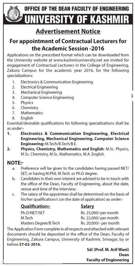 Kashmir University Contractual Lecturers' Recruitment 2016