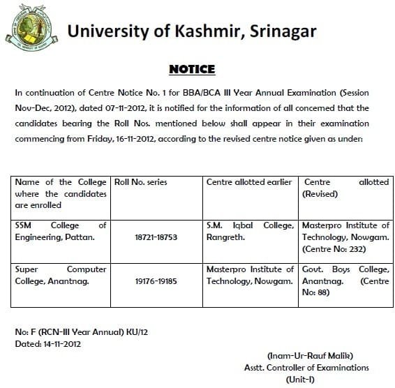 Revised Centre Notice for BBA/BCA III Year Annual Examination 2012
