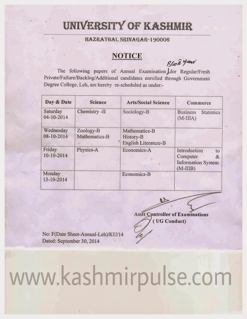 Re-Scheduled Date Sheet for B.A./B.Sc./B.Com II Year, Annual Examination
