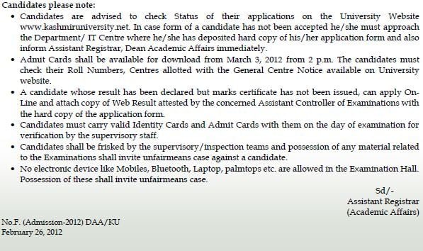 Date Sheet for Entrance Examinations - 2012